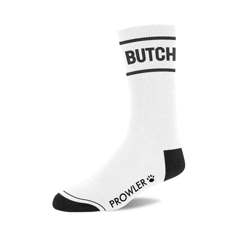 White socks with Butch in black text and paw print Prowler logo on and black heals and toes