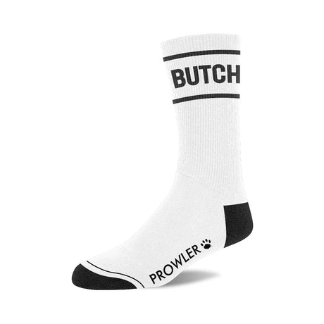 White socks with Butch in black text and paw print Prowler logo on and black heals and toes