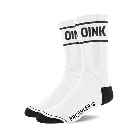 White socks with OINK in black text and paw print Prowler logo with black heals and toes