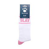 White sock with pink heel and toe, branded Prowler logo with SLAY written in pink on the top of stock with two pink stripes