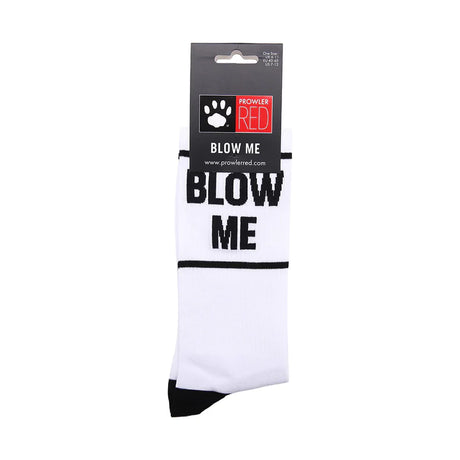 White socks with Blow Me in black text and prowler paw logo on foot with black heel and toe