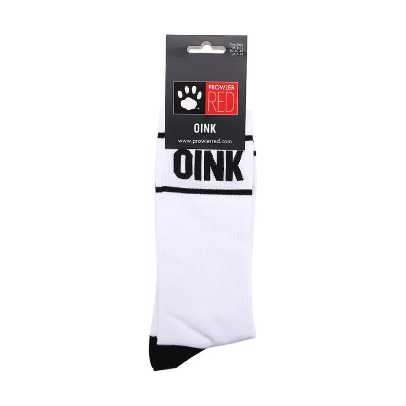 White socks with OINK in black text and paw print Prowler logo with black heals and toes