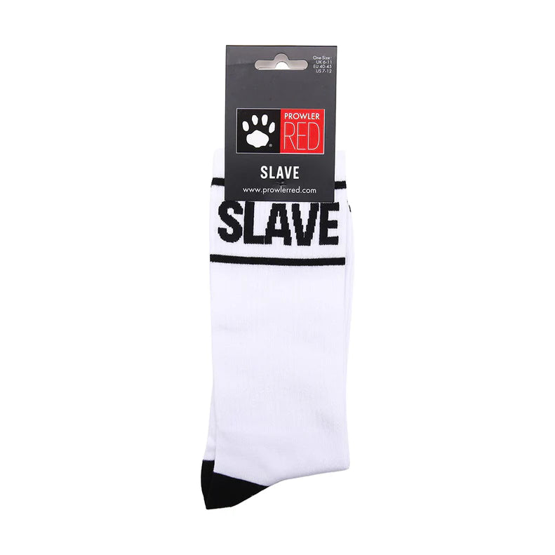 White socks with Slave in black text and paw print Prowler logo with two black stripes and black heals and toes 