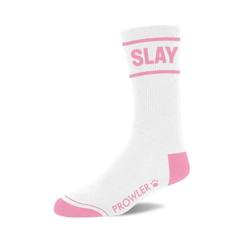 White sock with pink heel and toe, branded Prowler logo with SLAY written in pink on the top of stock with two pink stripes