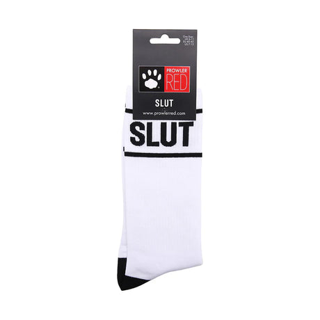 White socks with black text that says SLUT with black stripes and paw print Prowler logo on a white background