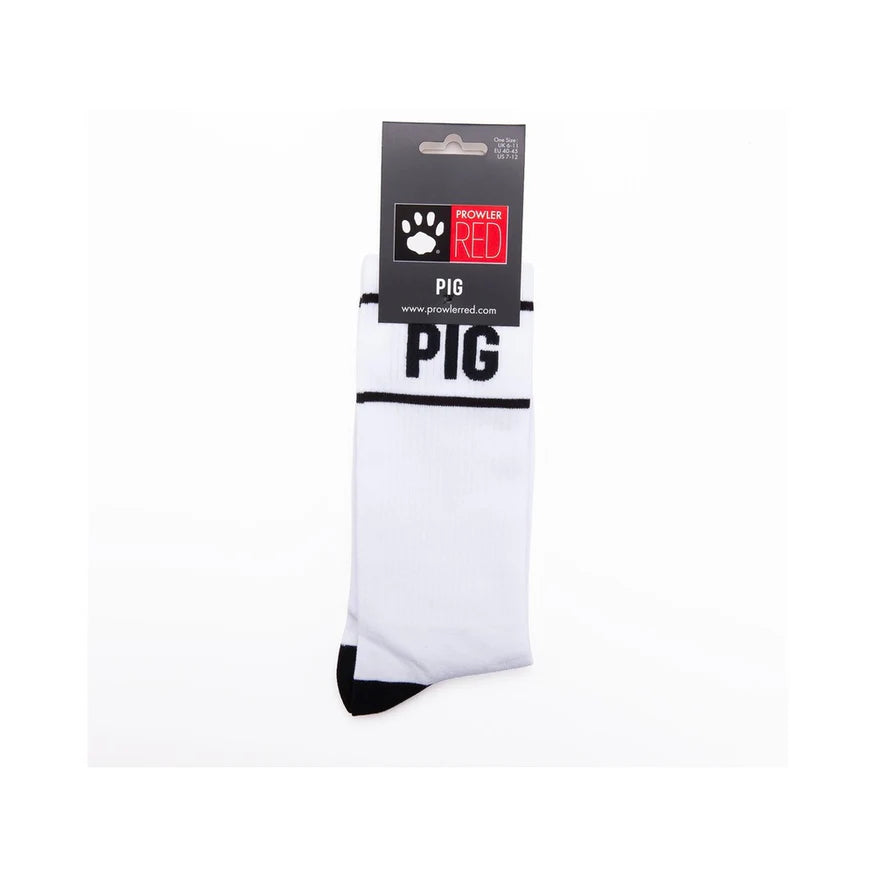 white socks that say PIG in black with two black stripes. 