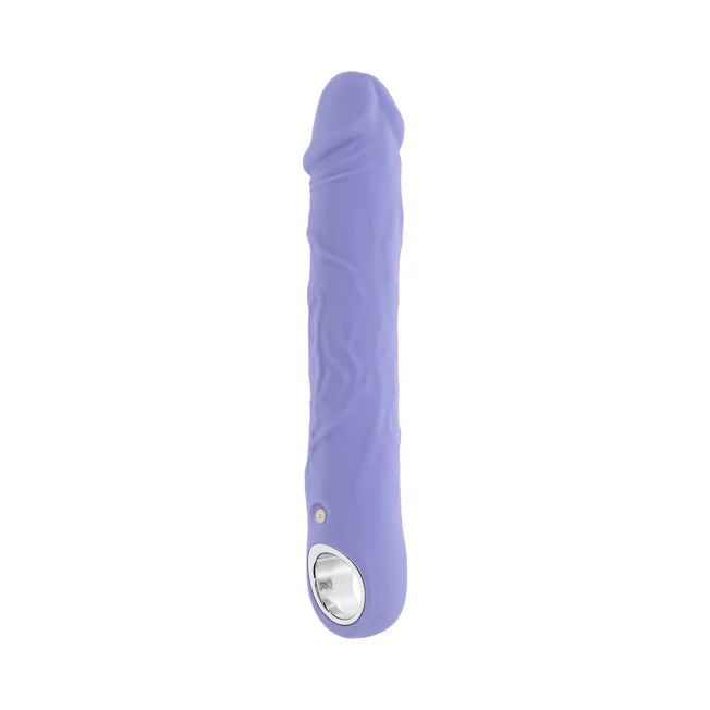 large purple fantasy penis shaped vibrator with a loop hole on the bottom.