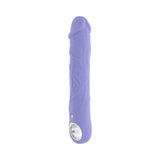 large purple fantasy penis shaped vibrator with a loop hole on the bottom.