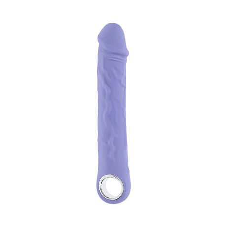 large purple fantasy penis shaped vibrator with a loop hole on the bottom.