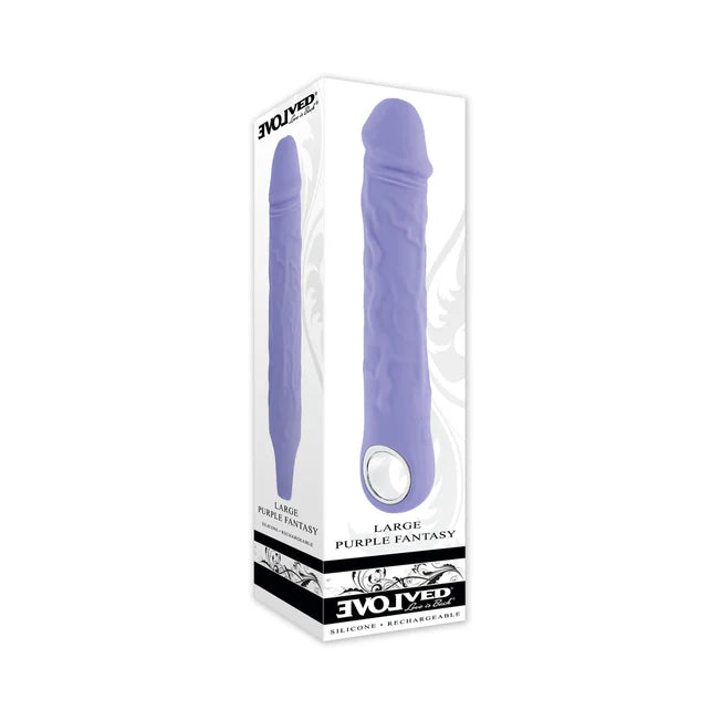 large purple fantasy penis shaped vibrator with a loop hole on the bottom.