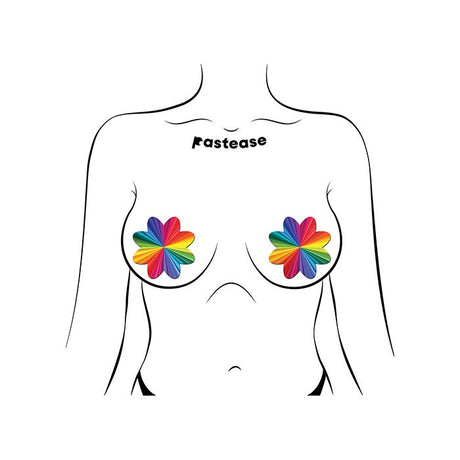 Outline of a torso with rainbow flower petal nipple covers from Pastease