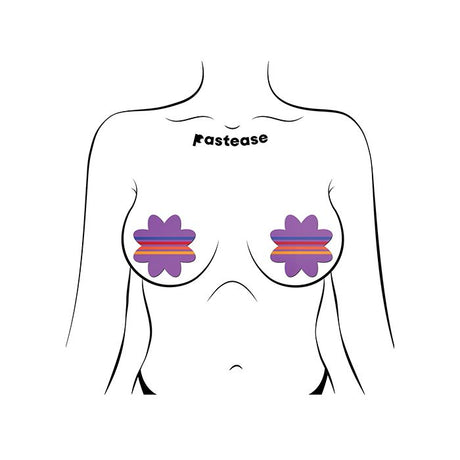 pair of purple petal pasties with retro stripes on an outline of a torso