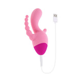 pink silicone vibrator stimulates all three spots at same time and is usb rechargable