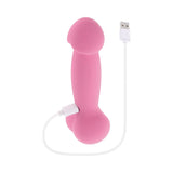 a pink penis shaped vibrator. Vibrator with a bulbous penis shaped head with a shaft and round balls at the base. 