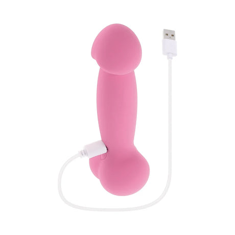 a pink penis shaped vibrator. Vibrator with a bulbous penis shaped head with a shaft and round balls at the base. 