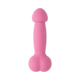 a pink penis shaped vibrator. Vibrator with a bulbous penis shaped head with a shaft and round balls at the base. 