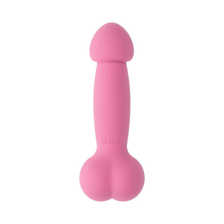 a pink penis shaped vibrator. Vibrator with a bulbous penis shaped head with a shaft and round balls at the base. 