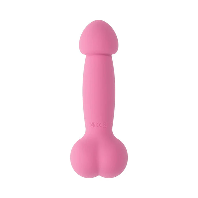 a pink penis shaped vibrator. Vibrator with a bulbous penis shaped head with a shaft and round balls at the base. 