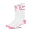 White sock with pink heel and toe, branded Prowler logo with SLAY written in pink on the top of stock with two pink stripes