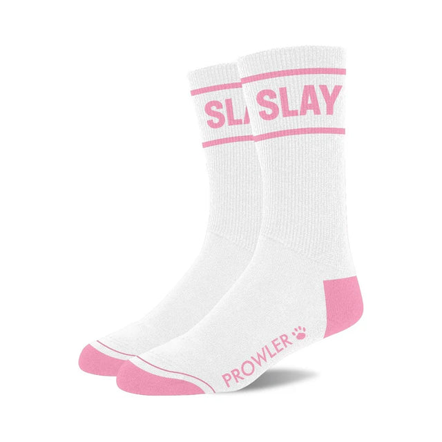 White sock with pink heel and toe, branded Prowler logo with SLAY written in pink on the top of stock with two pink stripes