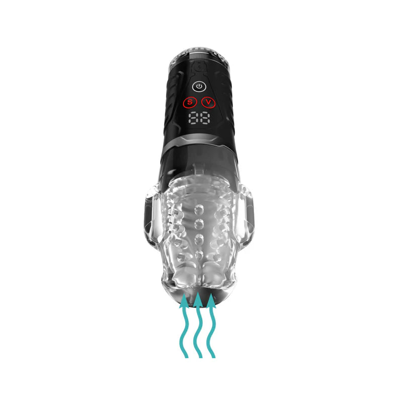 black automatic masturbator with clear stroker that vibrates and has suction