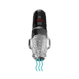 black automatic masturbator with clear stroker that vibrates and has suction