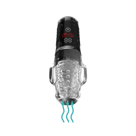 black automatic masturbator with clear stroker that vibrates and has suction