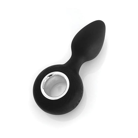 Black silicone butt plug with silver ring 