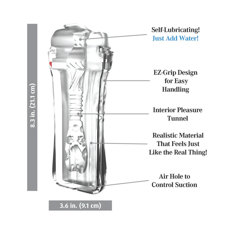 pdx clear frosted pussy stroker in hard clear case showing dimensions