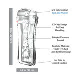 pdx clear frosted pussy stroker in hard clear case showing dimensions