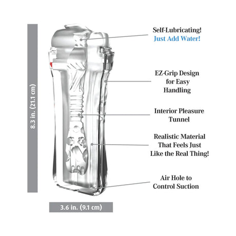 pdx clear frosted pussy stroker in hard clear case showing dimensions