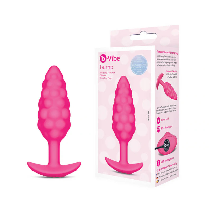 pink silicone t base vibrating butt plug with bump texture from b-vibe