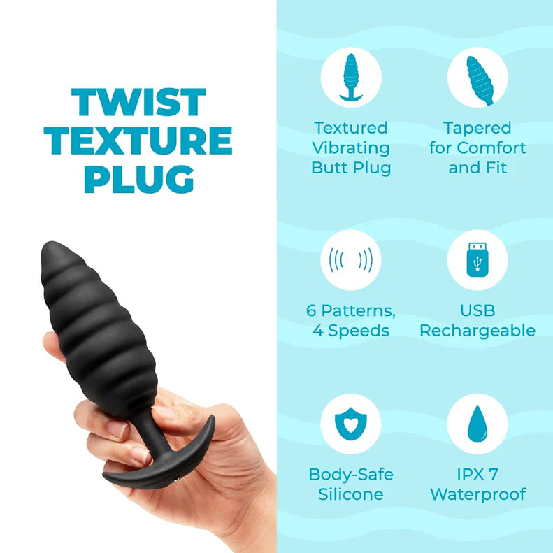 black silicone t base butt plug with twisting texture