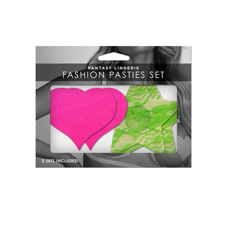 2-Pack Solid Neon Pink Heart & Neon Green Lace Star Pasties