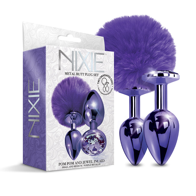 NIXIE Metal Butt Plug Set Pom Pom and Jewel-Inlaid Metallic Purple