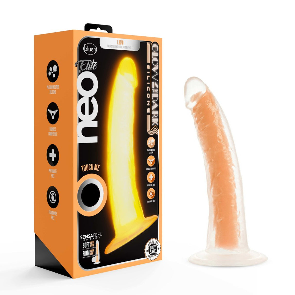 Neo Elite Glow In The Dark 7.5"  Silicone Dual Density Dildo - Neon Orange