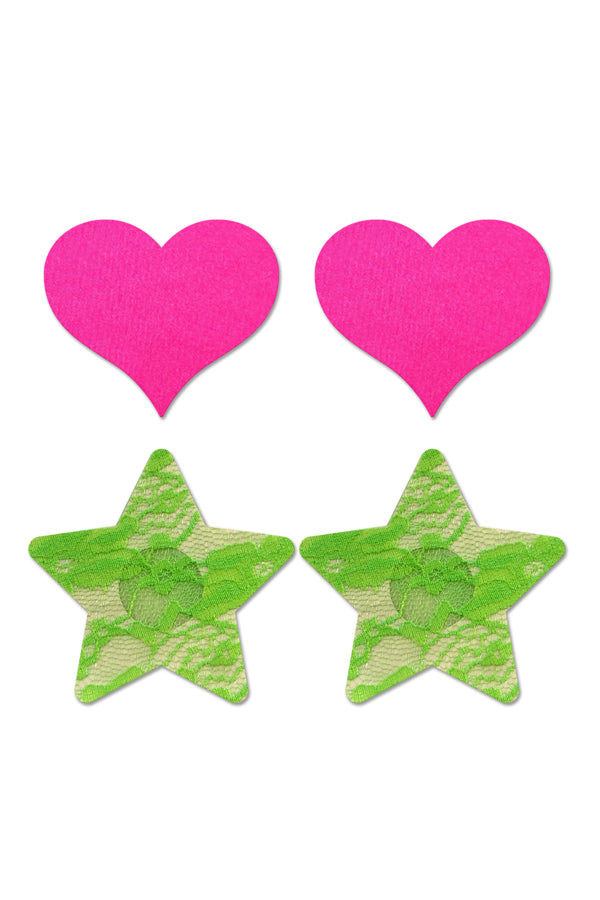2-Pack Solid Neon Pink Heart & Neon Green Lace Star Pasties