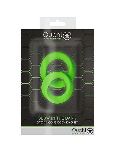 	 Ouch! Glow in the Dark 2-Piece Silicone Cockring Set Neon Green