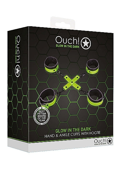 Ouch! Glow in the Dark Hand & Ankle Cuffs With Hogtie Set Neon Green