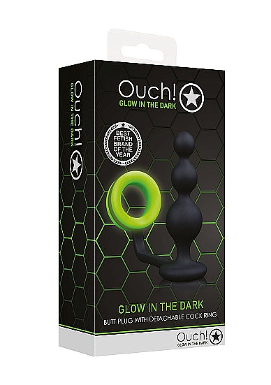Ouch! Glow in the Dark Silicone Beaded Anal Plug With Detachable Cockring Neon Green
