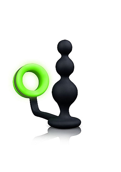 Ouch! Glow in the Dark Silicone Beaded Anal Plug With Detachable Cockring Neon Green