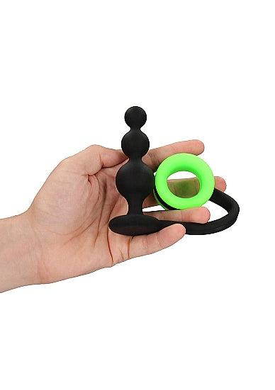 Ouch! Glow in the Dark Silicone Beaded Anal Plug With Detachable Cockring Neon Green