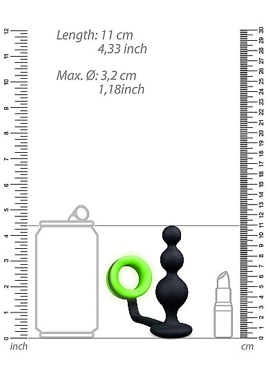 Ouch! Glow in the Dark Silicone Beaded Anal Plug With Detachable Cockring Neon Green