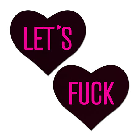 Pastease Love Let's Fuck Black Heart on Neon Pink Base Nipple Pasties