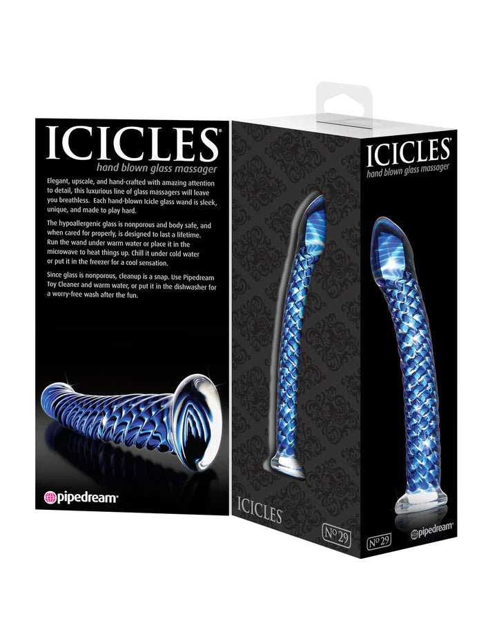 Icicles No. 29 Curved Glass Dildo Blue 7.25 inchc