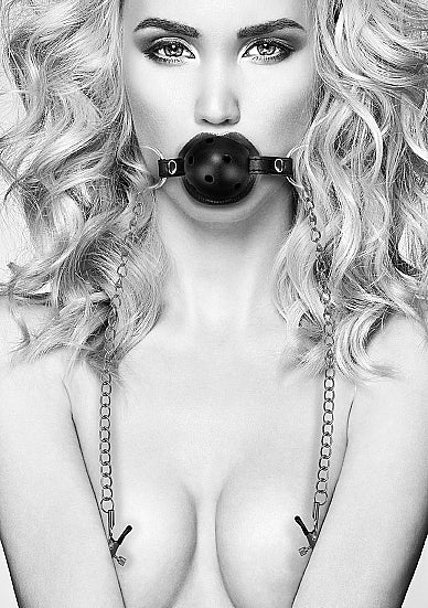 Ouch! Breathable Ball Gag With Nipple Clamps Black