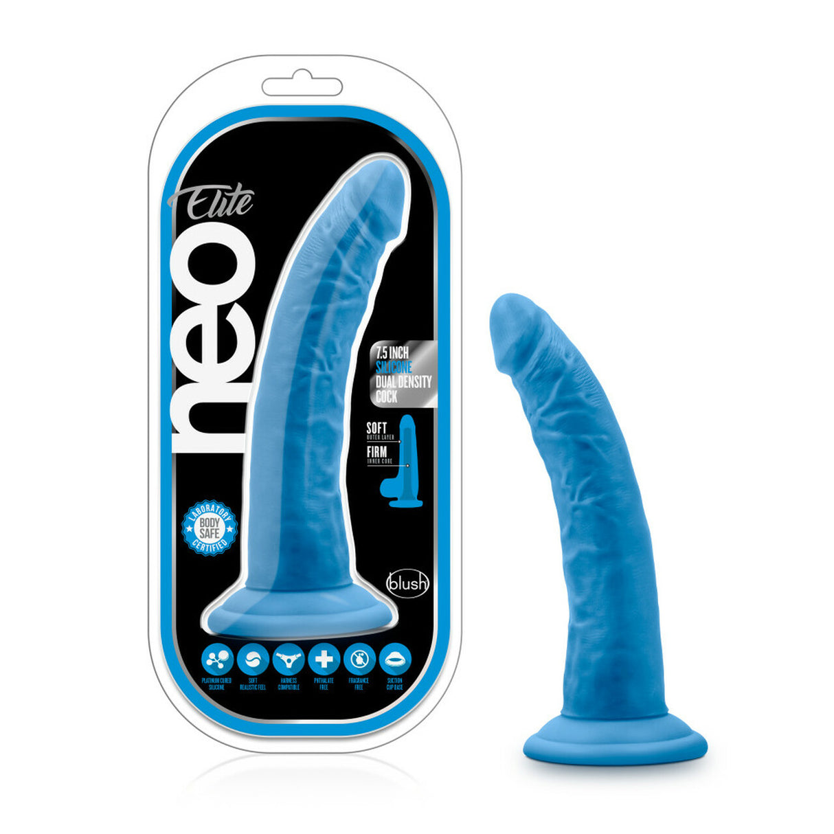 Neo Elite - 7.5 Inch Silicone Dual Density Dildo - Neon Blue