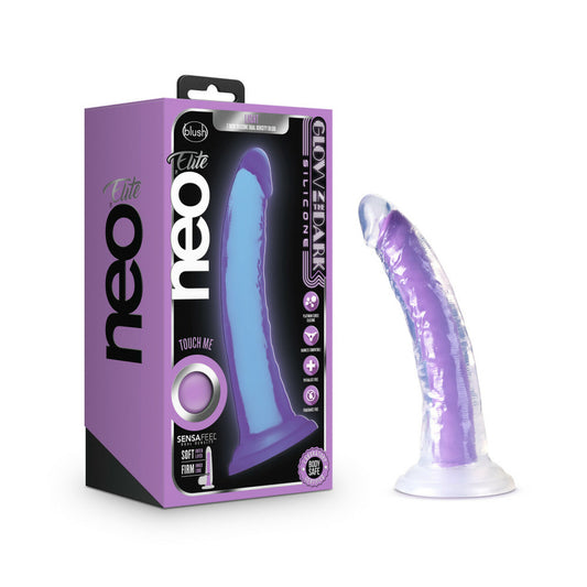 Neo Elite Glow-in-the-Dark - 7-inch Silicone Dual Density Suction Dildo - Neon Purple