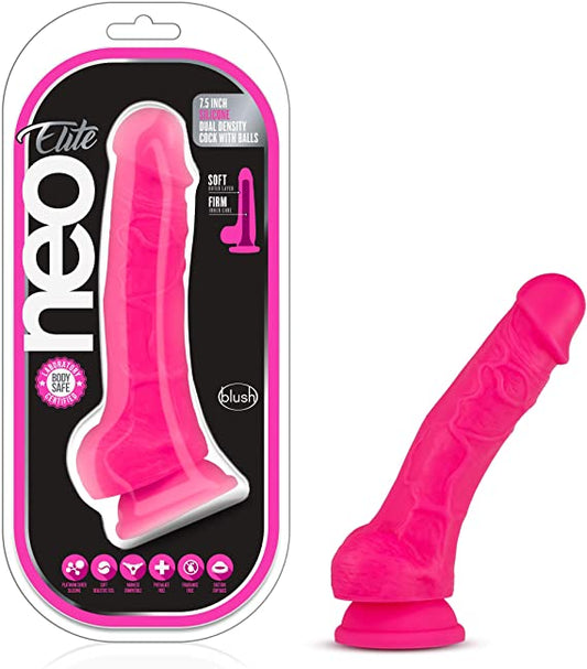 Neo Elite - 9 Inch Silicone Dual Density Dildo with Balls - Neon Pink