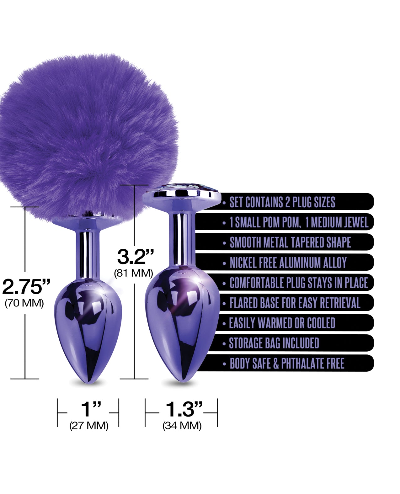 NIXIE Metal Butt Plug Set Pom Pom and Jewel-Inlaid Metallic Purple